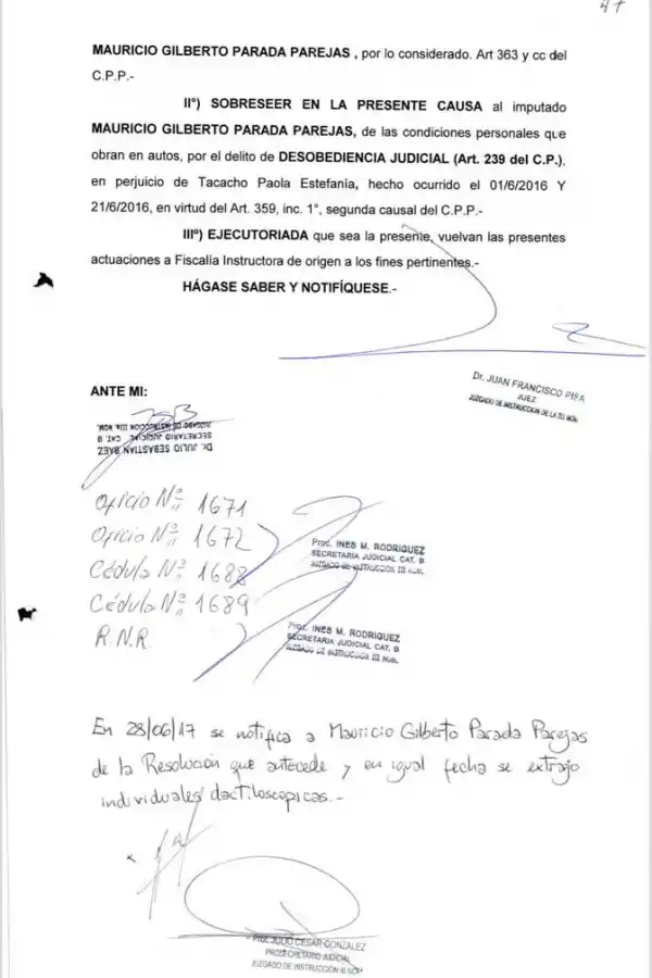 ÚLTIMA FOJA DEL SOBRESEIMIENTO. Facsímil del fallo emitido por Pisa.  