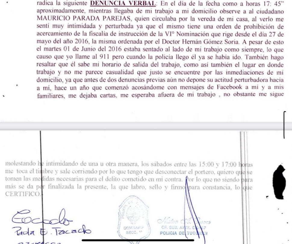 FACSÍMIL DE LA DENUNCIA POLICIAL. El relato que Paola Tacacho hizo en la Comisaría I° el 26 de junio de 2016.  