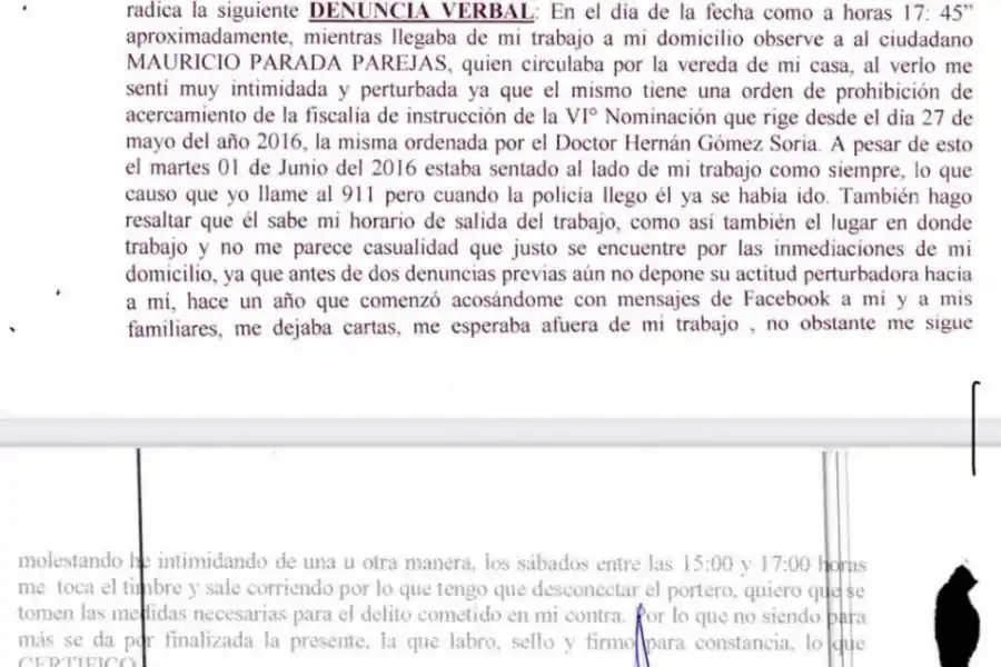 FACSÍMIL DE LA DENUNCIA POLICIAL. El relato que Paola Tacacho hizo en la Comisaría I° el 26 de junio de 2016.  