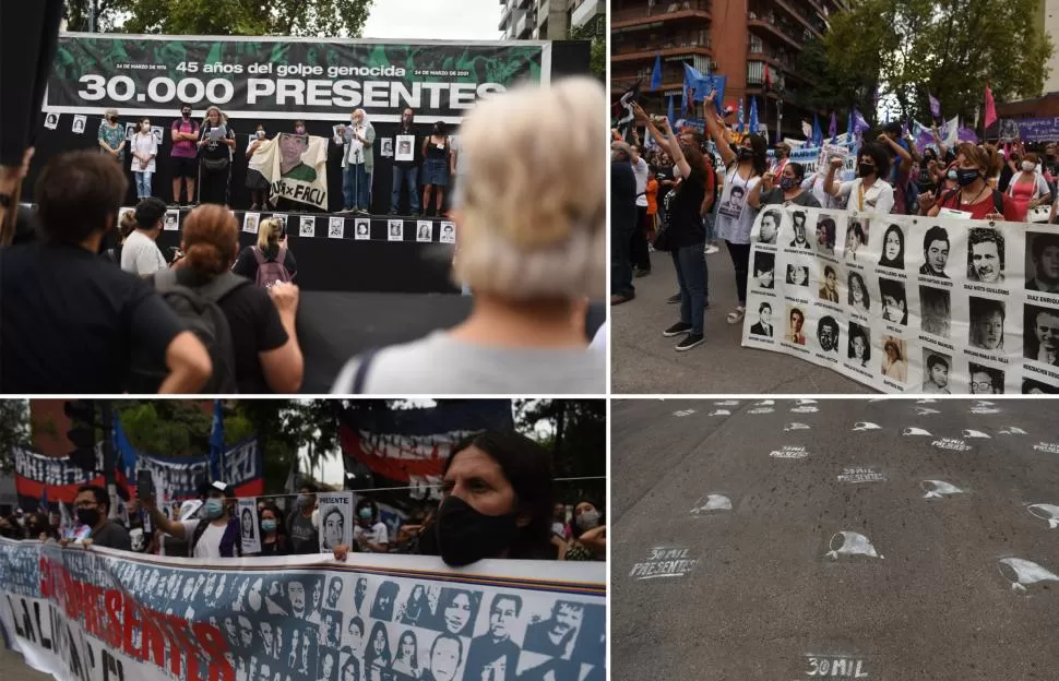 PRESENTES. Distintas organizaciones de derechos humanos y familiares alzaron carteles con los rostros de los desaparecidos en distintos actos.  