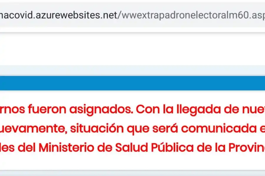 Parte del mensaje que muestra la página web sobre la falta de turnos.