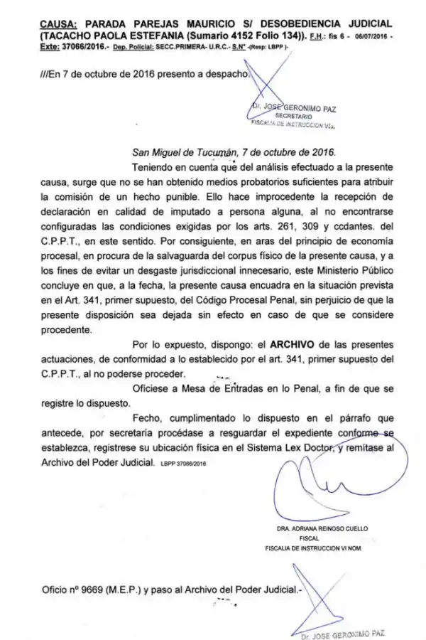 FACSÍMIL DEL ARCHIVO. El dictamen de cierre del tercer caso “Tacacho”. 