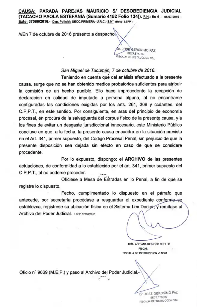 FACSÍMIL DEL ARCHIVO. El dictamen de cierre del tercer caso “Tacacho”. 