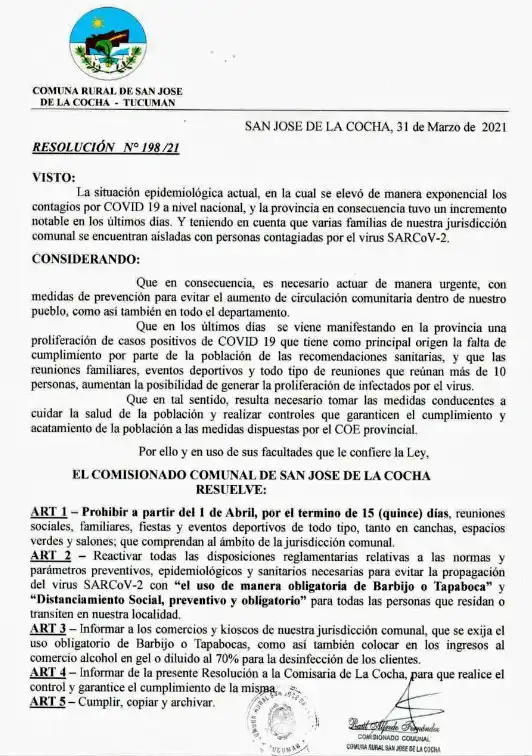 RESOLUCIÓN COMUNAL. Firmada por el delegado Fernández.