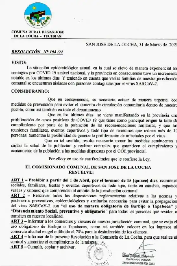RESOLUCIÓN COMUNAL. Firmada por el delegado Fernández.