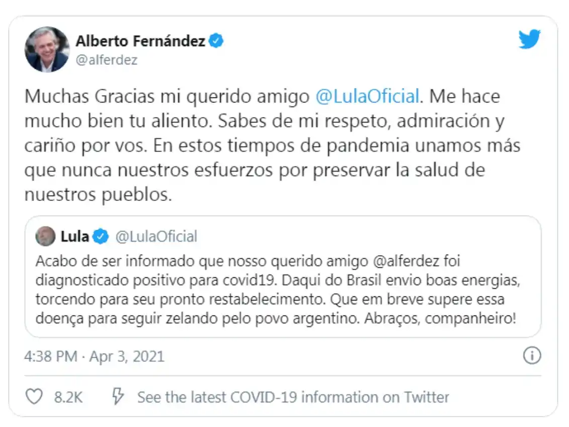 Presidentes y referentes políticos le desearon una pronta recuperación a Alberto Fernández