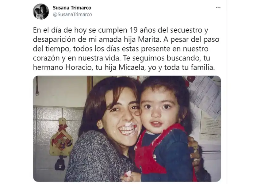 Susana Trimarco a su hija Marita: “a pesar del paso del tiempo, todos los días estás presente”