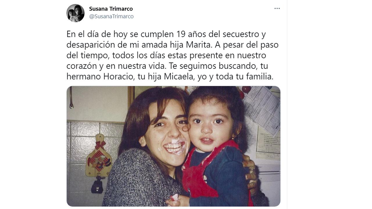 Susana Trimarco a su hija Marita: “a pesar del paso del tiempo, todos los días estás presente”