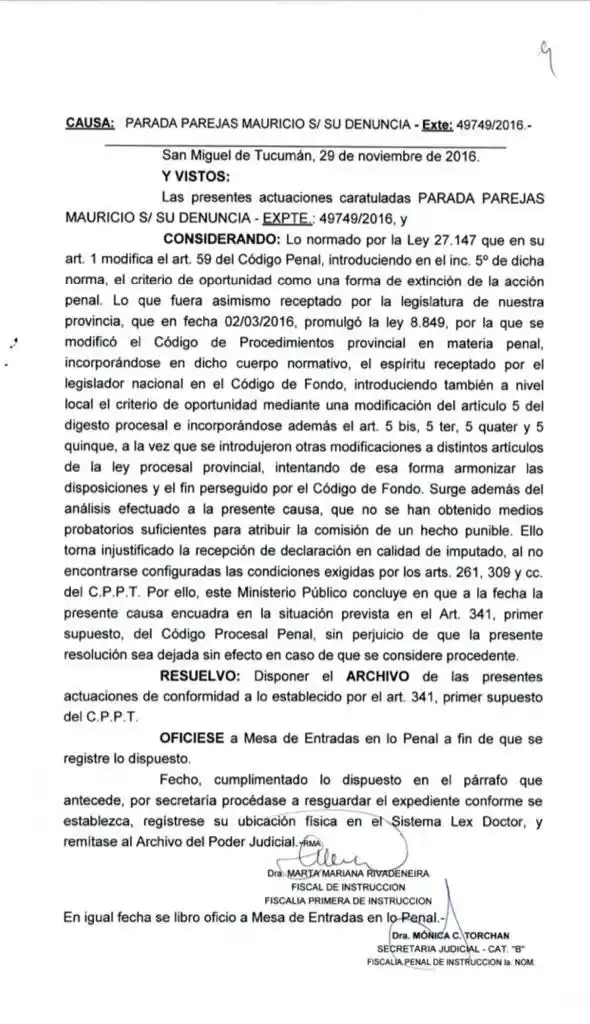 FACSÍMIL DEL ARCHIVO. Dictamen de cierre del cuarto caso “Tacacho”.  