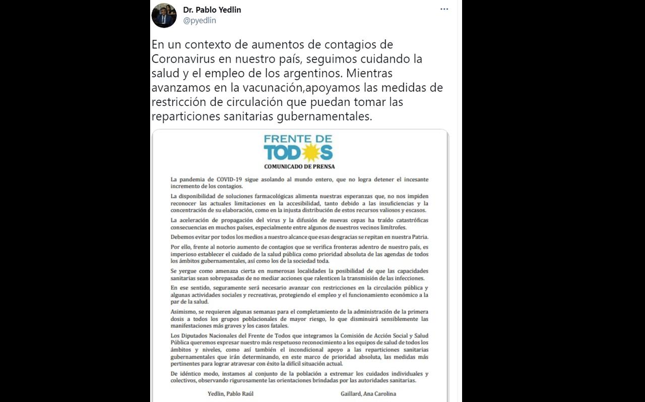Diputados del Frente de Todos apoyan una restricción a la circulación pública