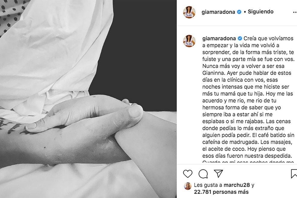 “Bajá un ratito y abrazame”: el emotivo mensaje de Gianinna Maradona