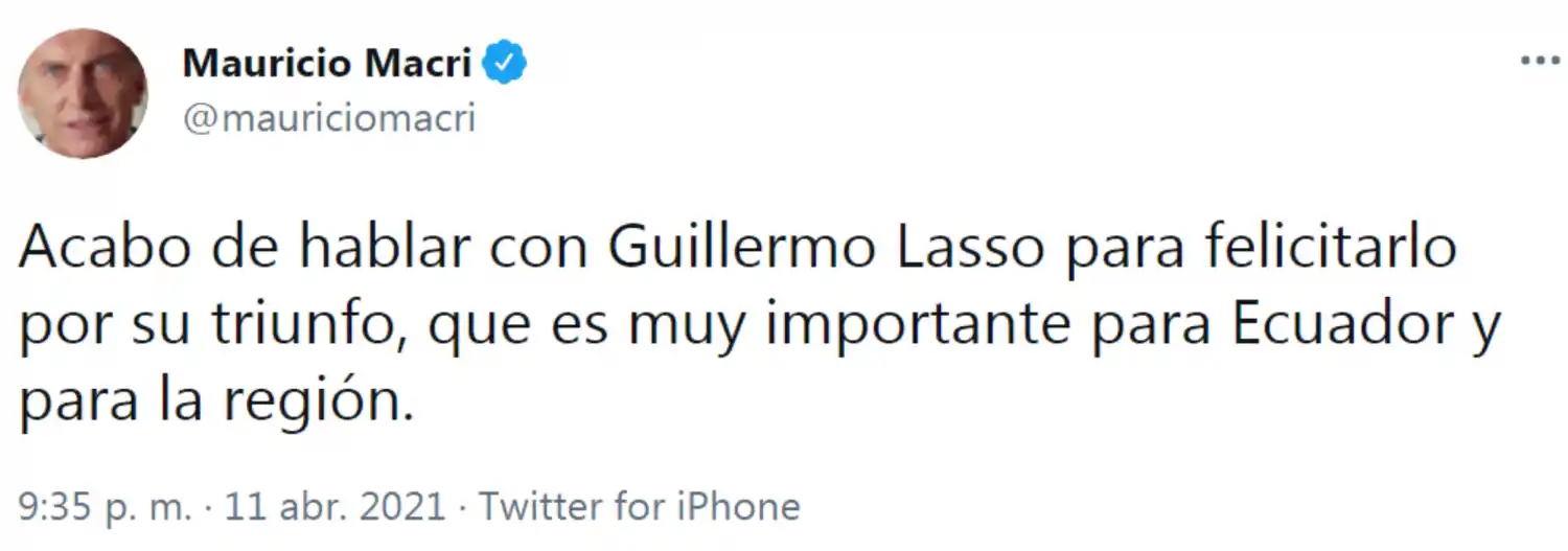 Mauricio Macri celebró el triunfo de Guillermo Lasso en Ecuador