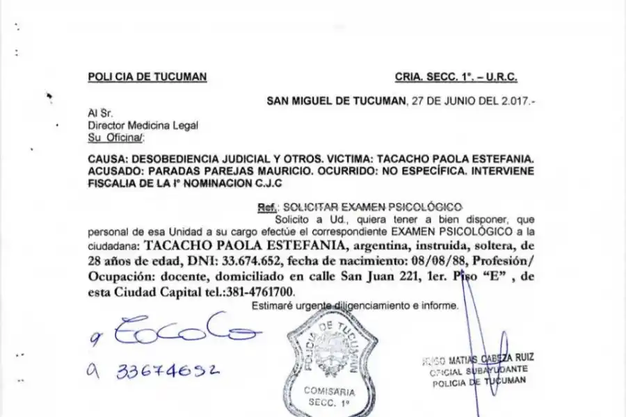 LA PETICIÓN DE EXAMEN PSICOLÓGICO PARA LA VÍCTIMA. La solicitud policial firmada también por Tacacho.  