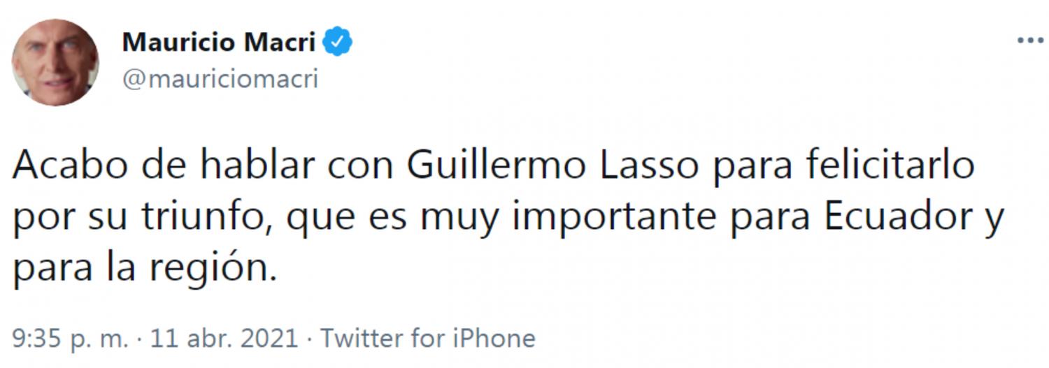 Mauricio Macri celebró el triunfo de Guillermo Lasso en Ecuador