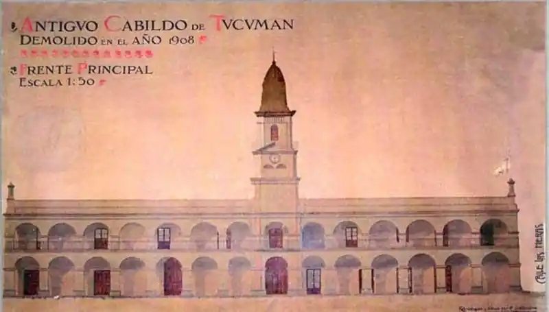 FACHADA DEL CABILDO. Tres meses antes de la demolición del histórico edificio, Antonio Gattamora lo registró en este dibujo acuarelado que se conserva en la Casa Histórica.