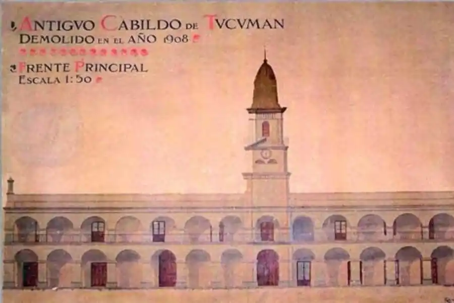 FACHADA DEL CABILDO. Tres meses antes de la demolición del histórico edificio, Antonio Gattamora lo registró en este dibujo acuarelado que se conserva en la Casa Histórica.