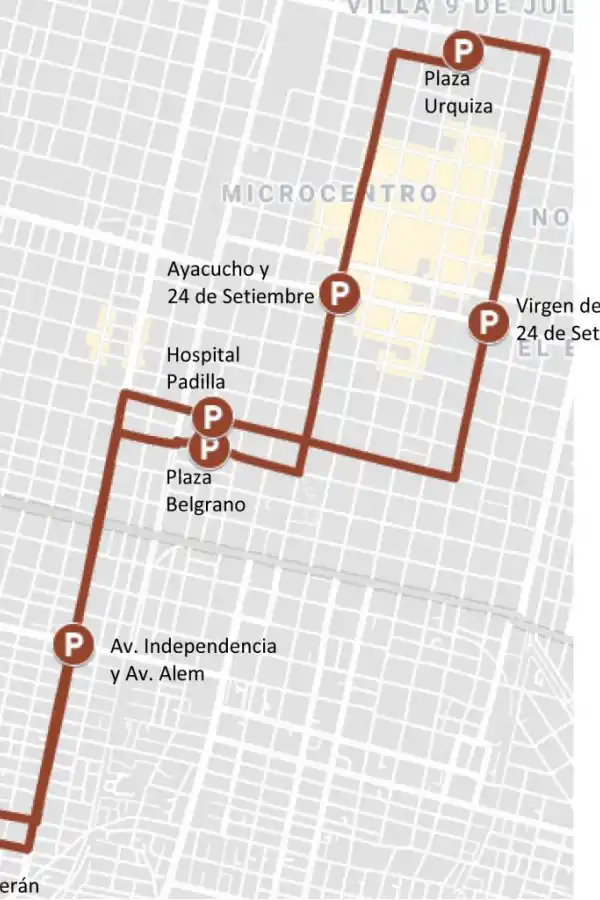  CIRCUITO ROJO B. Del barrio Juan B. Terán  al centro: el recorrido comienza en la Plaza Sorteix, en Américo Vespucio y Próspero Mena, cruza barrio sur y llega a Plaza Urquiza.