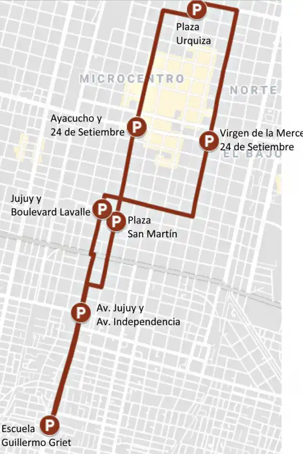 CIRCUITO ROJO C. Desde Villa Amalia y barrio Olleros: el tercer recorrido del circuito Rojo parte de la escuela Guillermo Griet, en Jujuy y pasaje Mármol, hasta cubrir una vuelta por el centro de la ciudad.