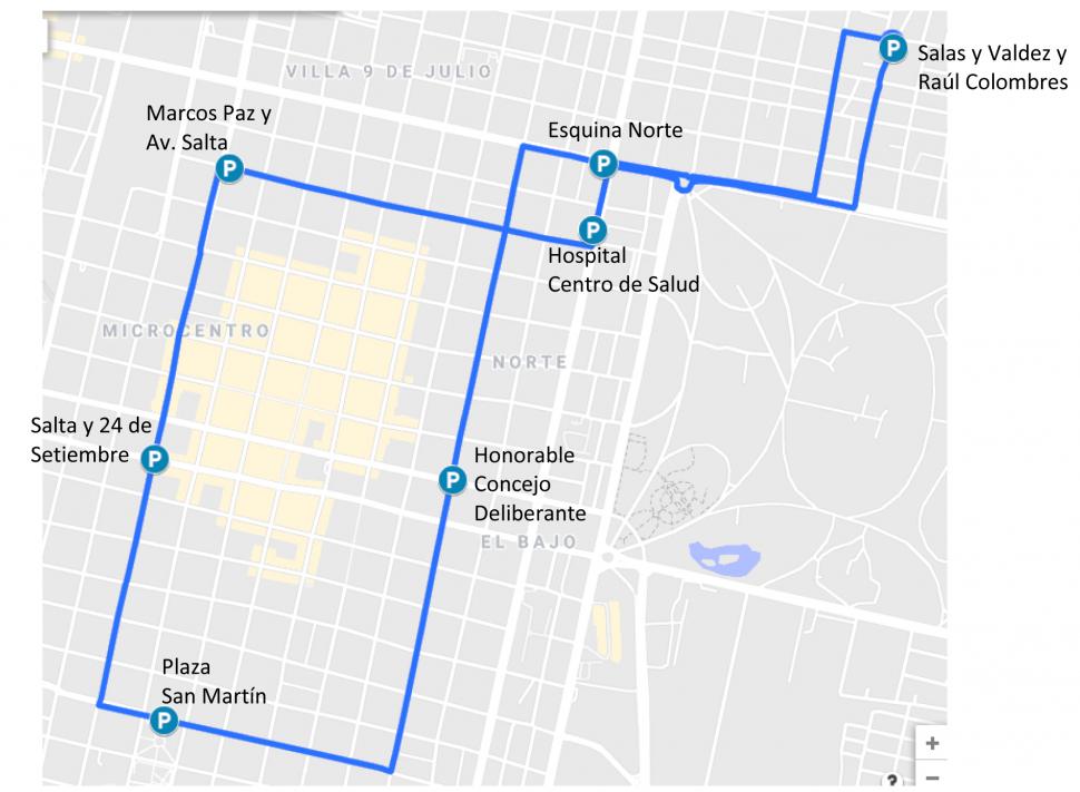  CIRCUITO AZUL B. Del barrio Piedrabuena al centro: en siete paradas, este circuito une el barrio Piedrabuena, desde Salas y Valdéz con José Colombres, hasta la plaza San Martín y retorna por equina Norte.