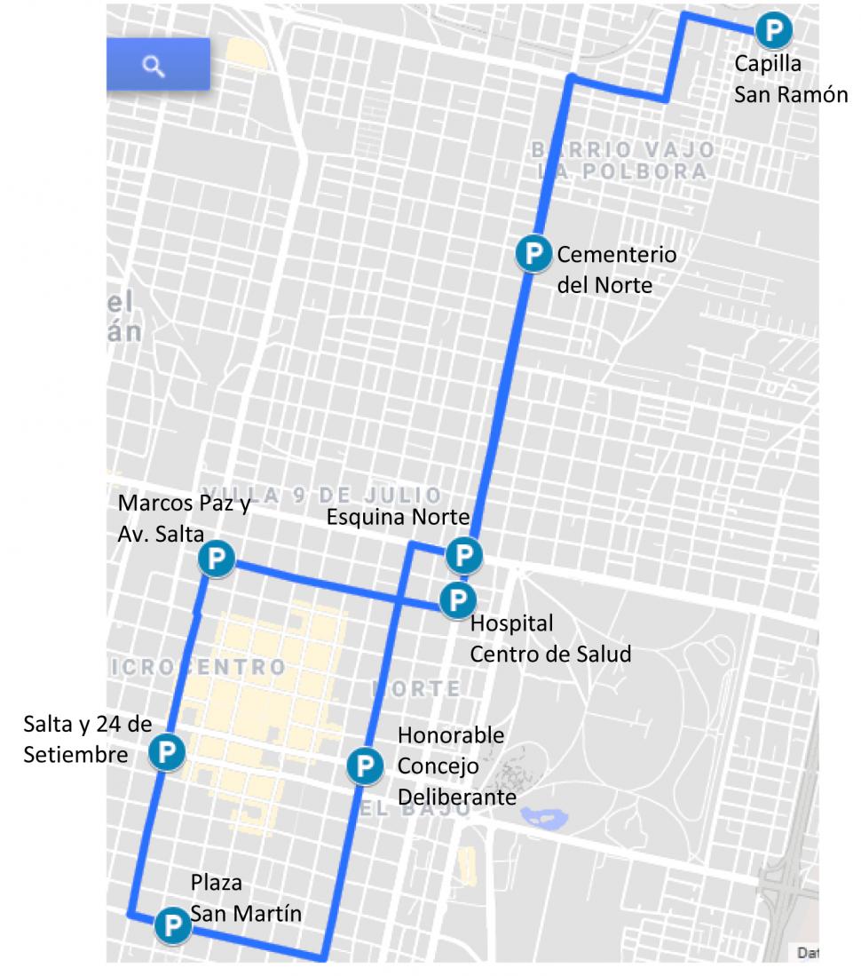  CIRCUITO AZUL C. Para San Ramón y Altos La Pólvora: el recorrido parte desde la Avenida San Ramón al 700, continúa por el Cementerio del Norte y recorre el centro en 42 minutos por vuelta.