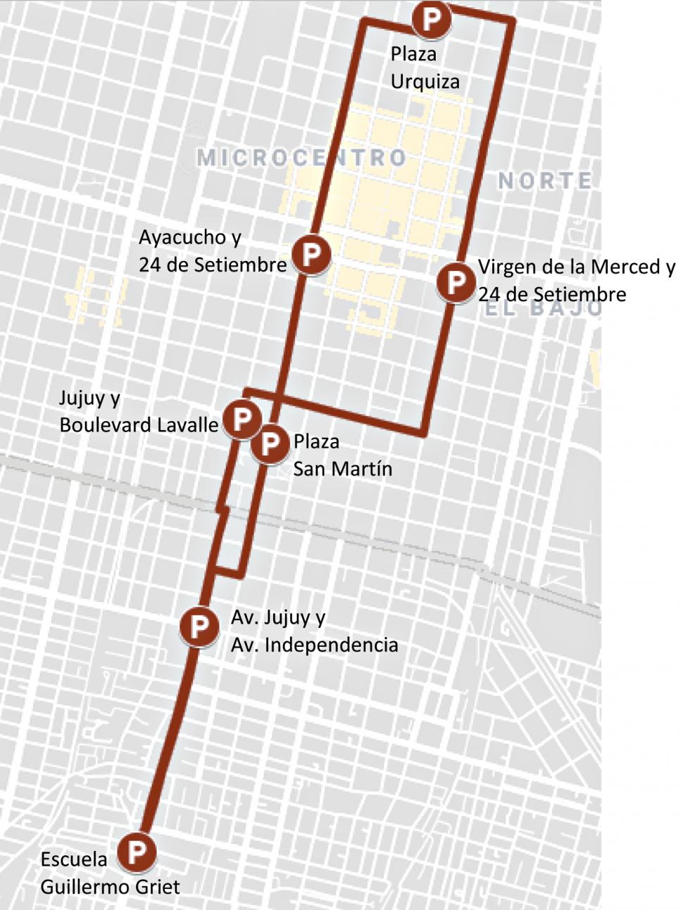 CIRCUITO ROJO C. Desde Villa Amalia y barrio Olleros: el tercer recorrido del circuito Rojo parte de la escuela Guillermo Griet, en Jujuy y pasaje Mármol, hasta cubrir una vuelta por el centro de la ciudad.