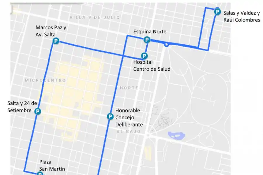  CIRCUITO AZUL B. Del barrio Piedrabuena al centro: en siete paradas, este circuito une el barrio Piedrabuena, desde Salas y Valdéz con José Colombres, hasta la plaza San Martín y retorna por equina Norte.