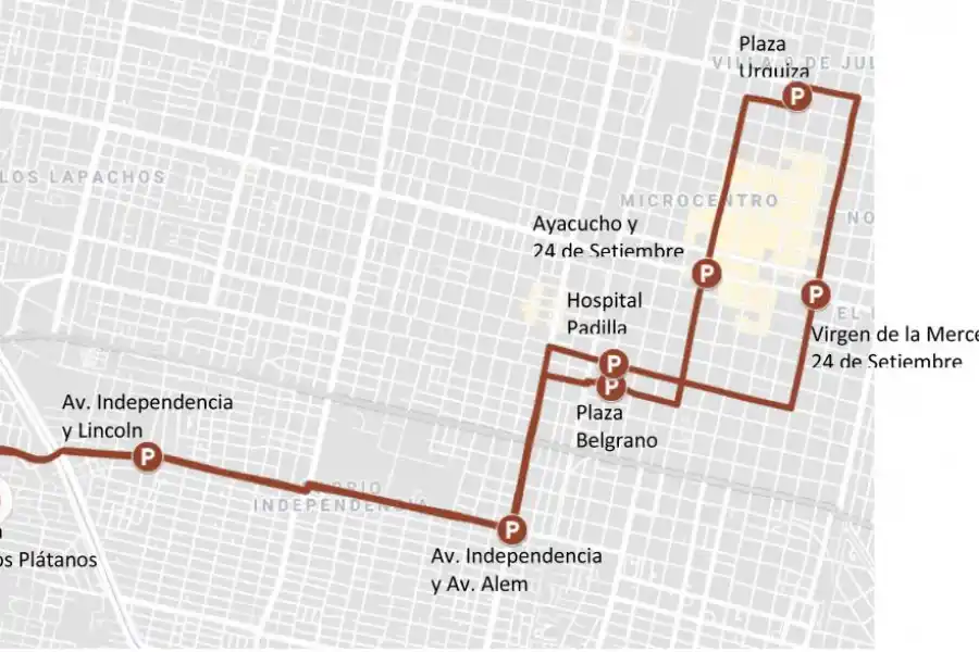  CIRCUITO ROJO A. Desde Los Plátanos a plaza Urquiza: el circuito Rojo A se inicia en la plaza Los Plátanos, en Vicente Gallo y pasaje Acevedo, continúa hasta Independencia y Alem y se dirige al centro.