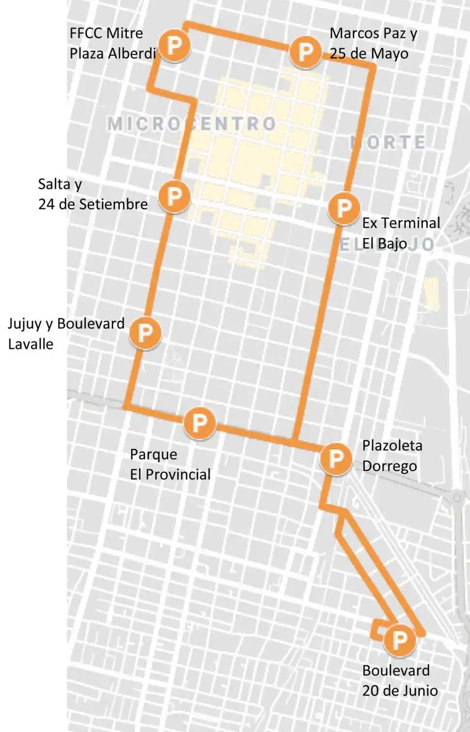  CIRCUITO AMARILLO A. De San Cayetano a plaza Alberdi: el recorrido comienza en el boulevard 20 de Junio y Pedro Sal, sigue por Plazoleta Dorrego y recorre el centro hasta llegar al Hospital Padilla, el Parque El Provincial y retornar al punto de partida, en 36 minutos por vuelta. 