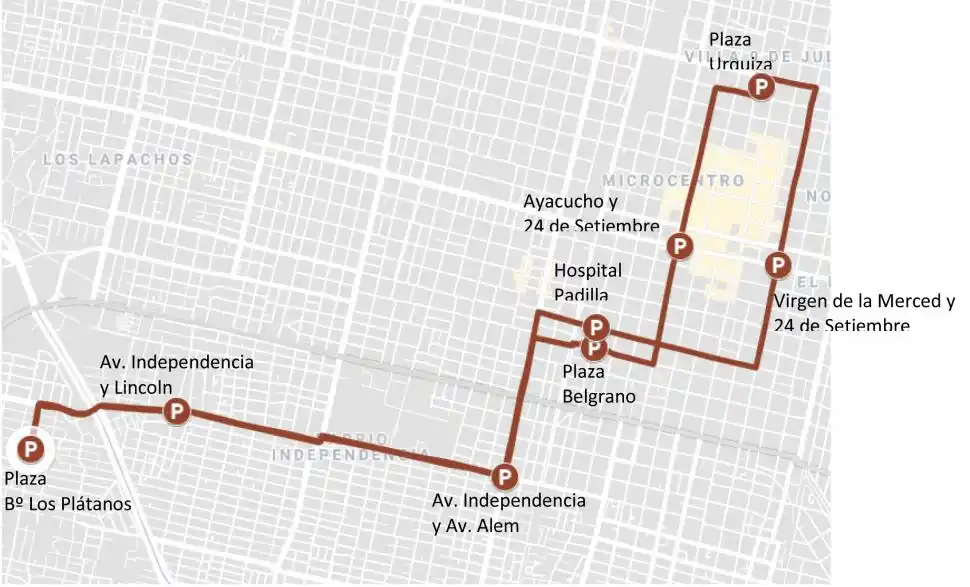  CIRCUITO ROJO A. Desde Los Plátanos a plaza Urquiza: el circuito Rojo A se inicia en la plaza Los Plátanos, en Vicente Gallo y pasaje Acevedo, continúa hasta Independencia y Alem y se dirige al centro.