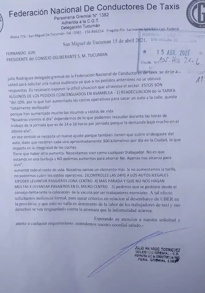 Taxistas piden al Concejo de San Miguel de Tucumán una suba del 50% en la tarifa