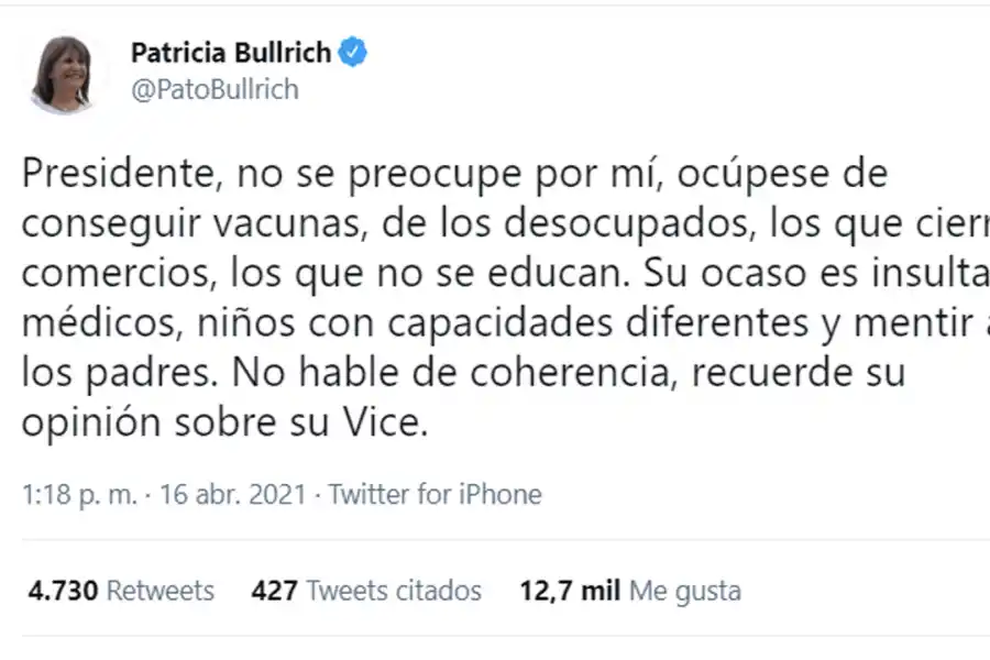 Bullrich sobre la crítica del Presidente: “no se preocupe por mí, ocúpese de conseguir vacunas”