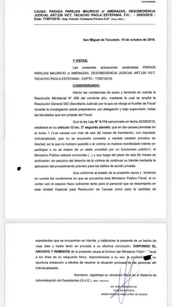 FACSÍMIL. La decisión de archivo del 10/10/19 con la firma del auxiliar Isa.