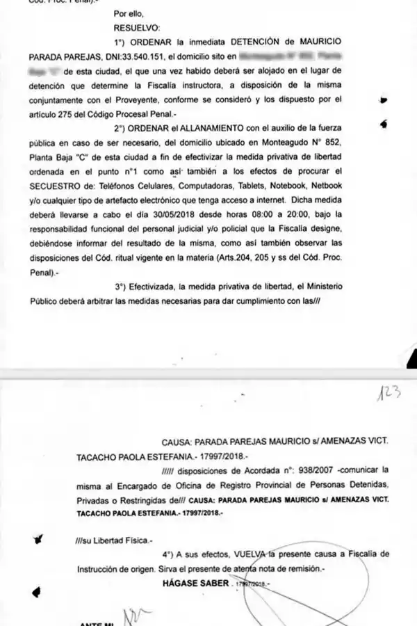 FACSÍMILES DE LA ORDEN DE DETENCIÓN Y DE LA DENUNCIA. La decisión judicial del 29 de mayo y el acta policial del 12 de julio de 2018. 