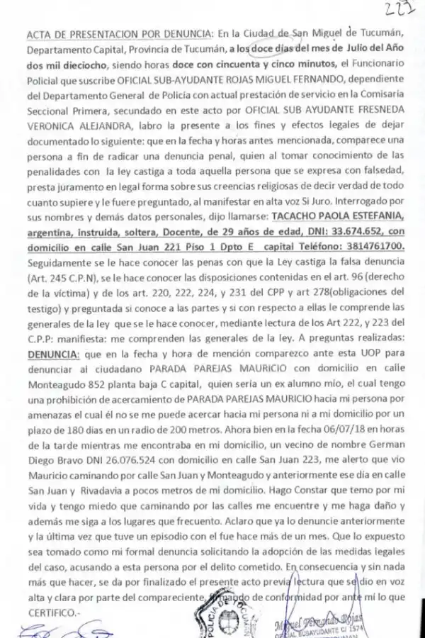 Parada Parejas estuvo detenido; salió en libertad y a los 18 días volvió a intimidar a Tacacho
