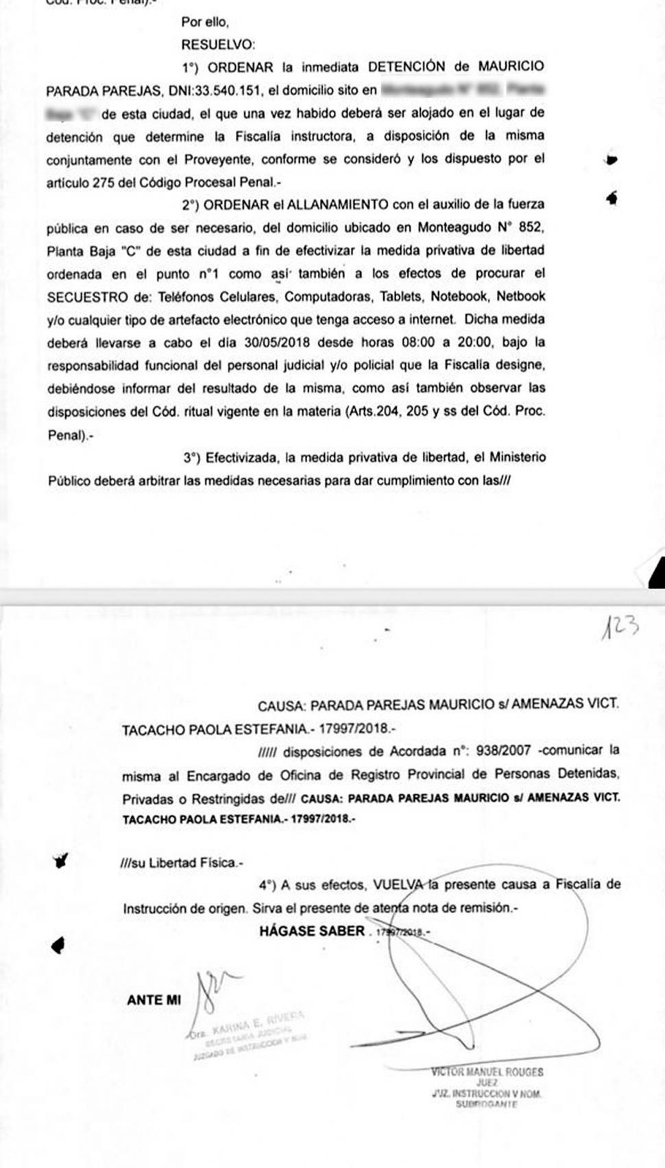 FACSÍMILES DE LA ORDEN DE DETENCIÓN Y DE LA DENUNCIA. La decisión judicial del 29 de mayo y el acta policial del 12 de julio de 2018. 