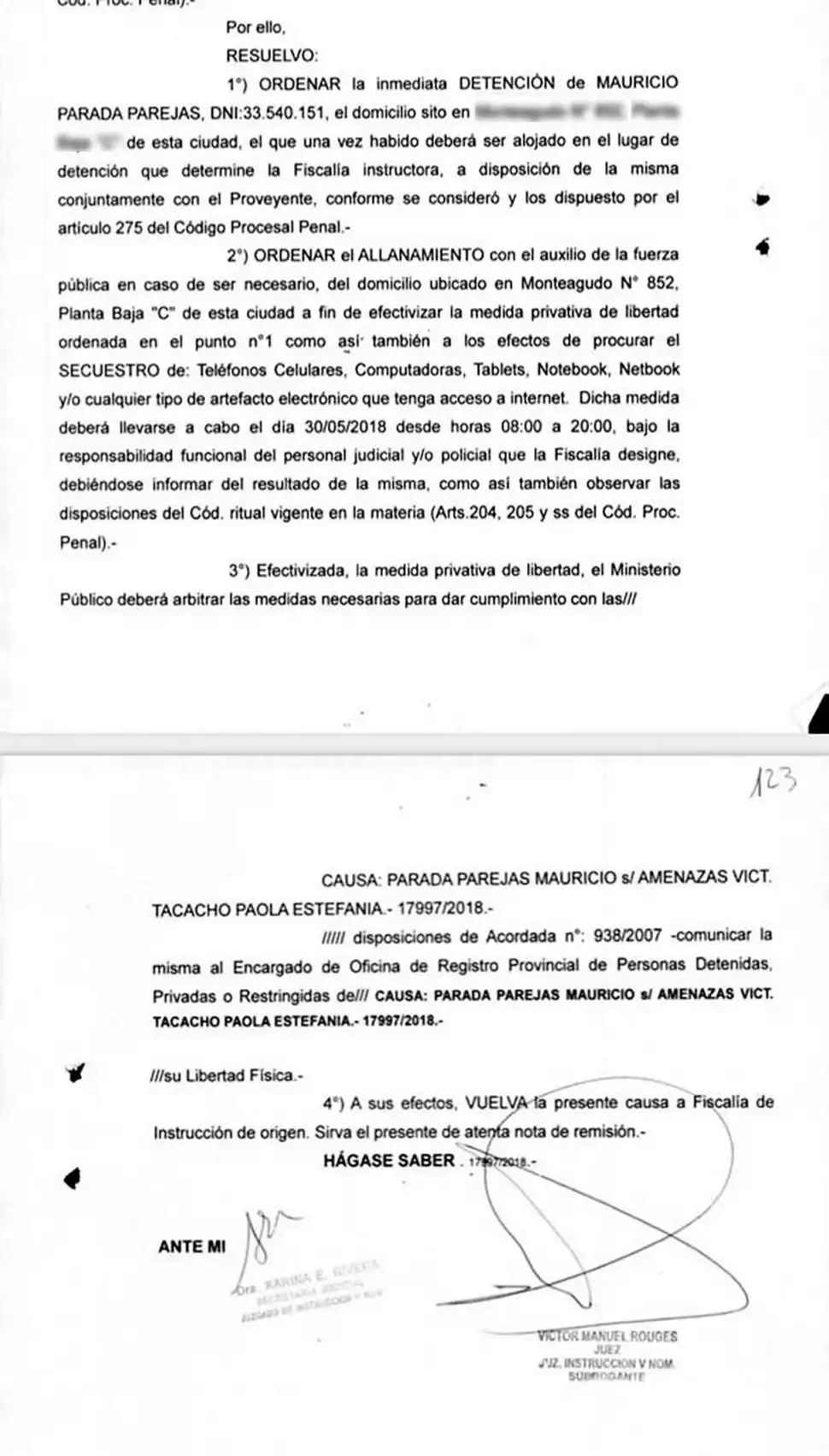 FACSÍMILES DE LA ORDEN DE DETENCIÓN Y DE LA DENUNCIA. La decisión judicial del 29 de mayo y el acta policial del 12 de julio de 2018. 