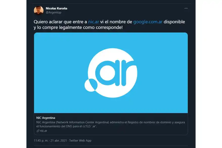 Google.com.ar dejó de funcionar por unas horas y un joven lo registró a su nombre