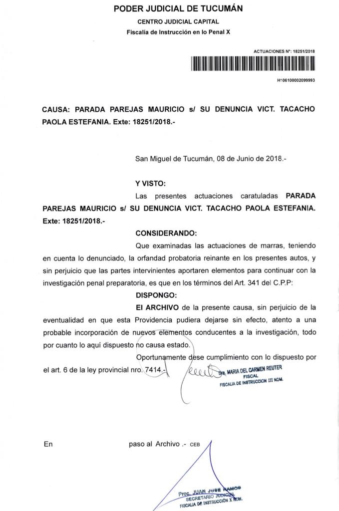 FACSÍMIL DEL ARCHIVO. Reuter cerró el caso N°7 de Tacacho el 8/6/2018.