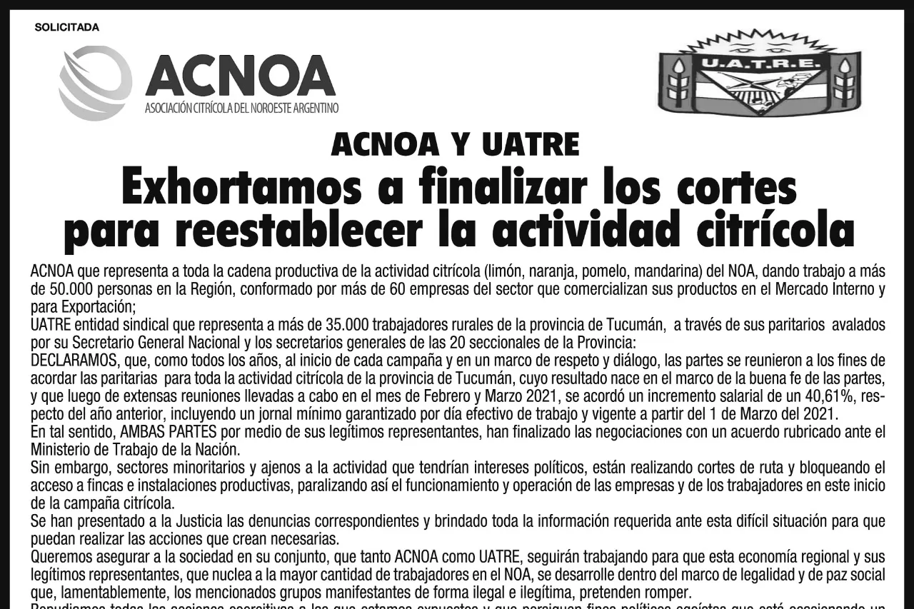 Acnoa y Uatre exhortan a finalizar los cortes para restablecer la actividad citrícola