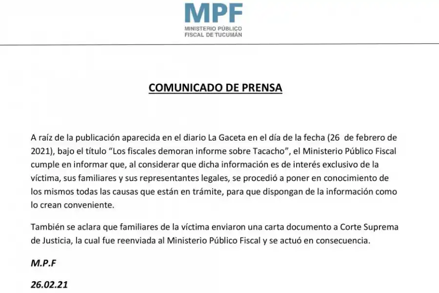  8 LÍNEAS. El Ministerio Fiscal explica su postura sobre los casos “Tacacho”.  