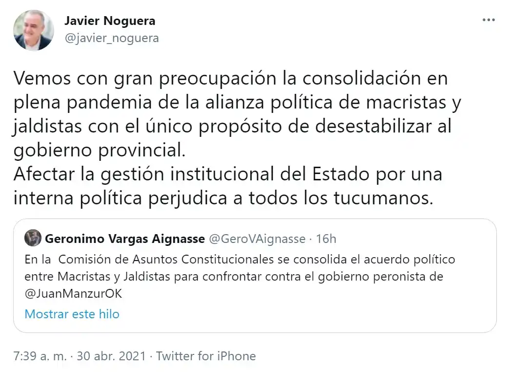 Noguera habló de una alianza entre jaldistas y macristas para desestabilizar al Gobierno provincial