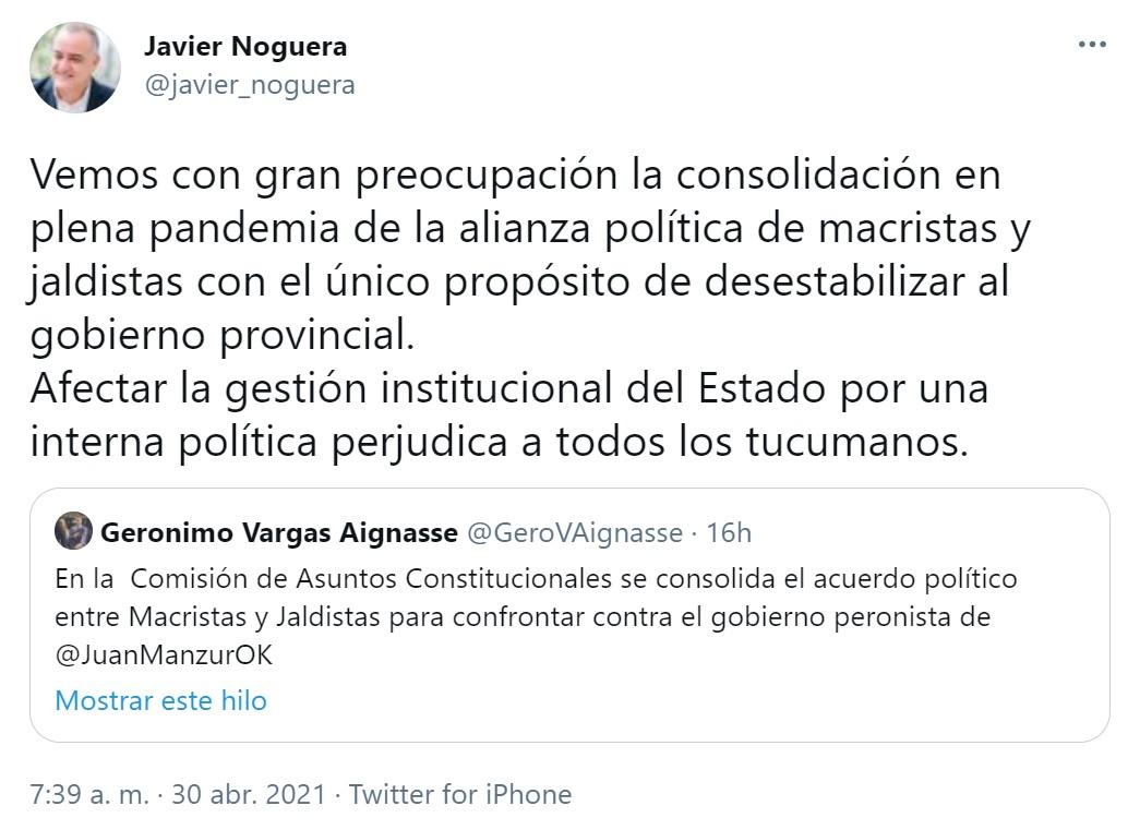 Noguera habló de una alianza entre jaldistas y macristas para desestabilizar al Gobierno provincial