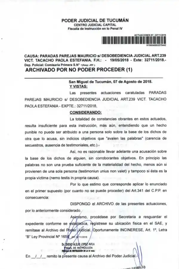 FACSÍMIL DEL ARCHIVO. La decisión del 7 de agosto de 2018 del fiscal.