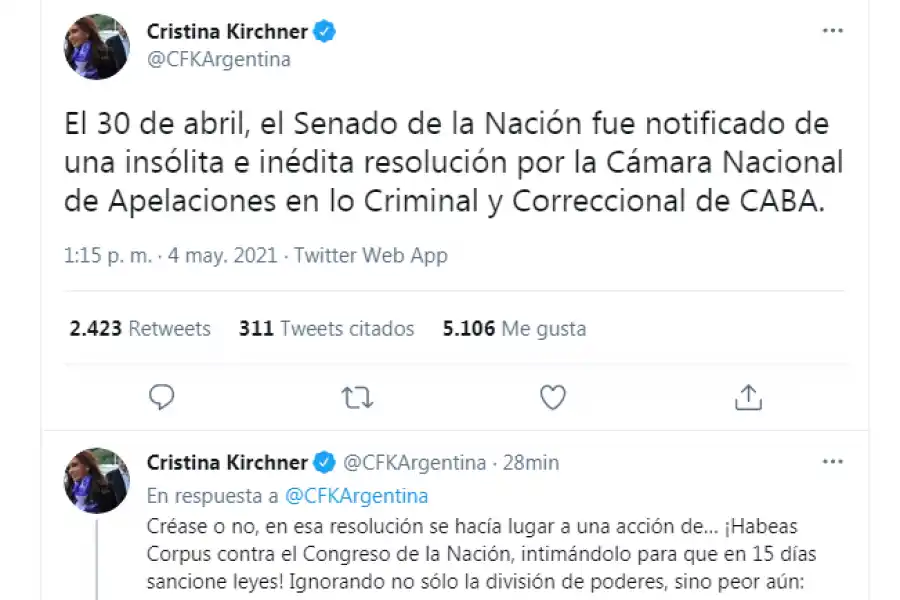 Cristina Kirchner comparó el fallo de la Corte con un “golpe contra las instituciones democráticas”