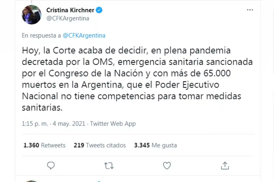 Cristina Kirchner comparó el fallo de la Corte con un “golpe contra las instituciones democráticas”