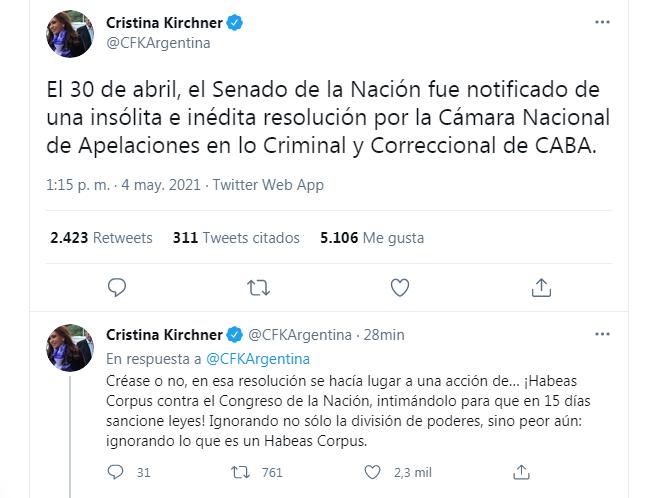 Cristina Kirchner comparó el fallo de la Corte con un “golpe contra las instituciones democráticas”