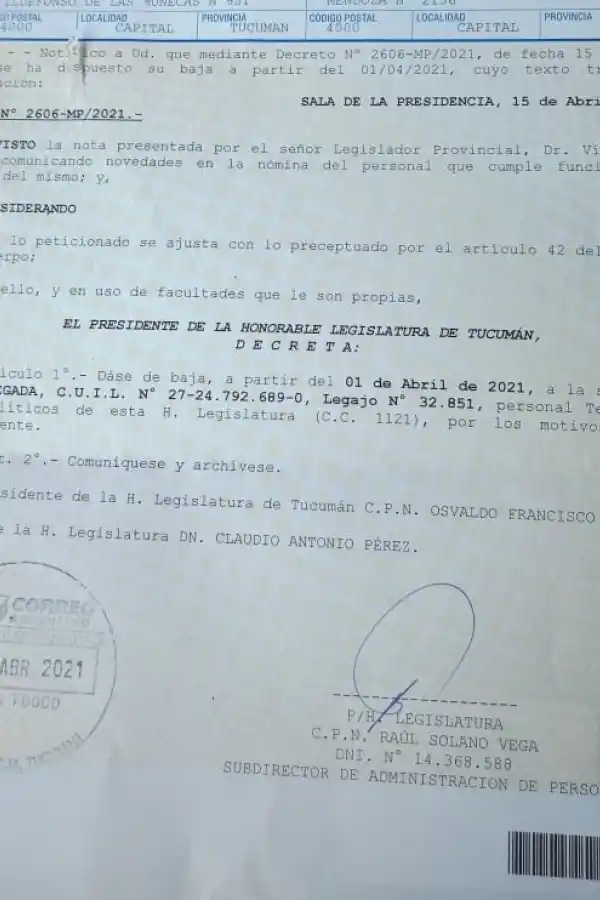 CARTA DOCUMENTO. La nota fue dada a conocer por la denunciante.