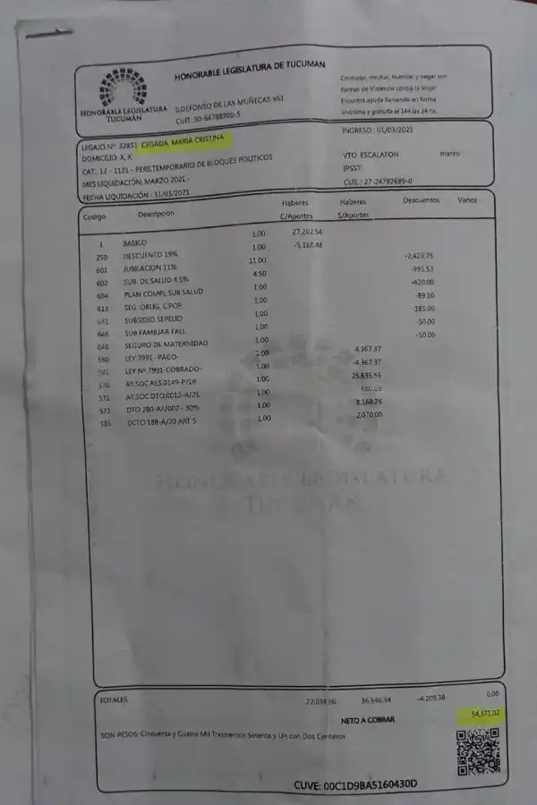 RECIBO DE SUELDO. Cegada difundió el detalle de los haberes correspondientes por su labor en la Legislatura.