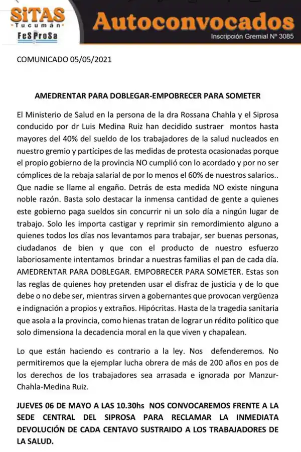 Descuentos a trabajadores de Salud: no vamos a permitir que nos saquen el alimento de nuestras familias