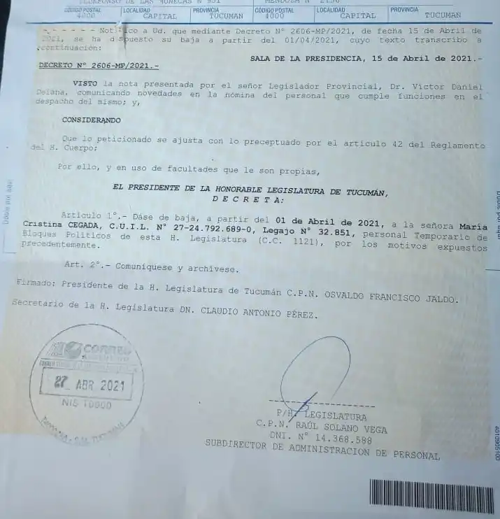 CARTA DOCUMENTO. La nota fue dada a conocer por la denunciante.